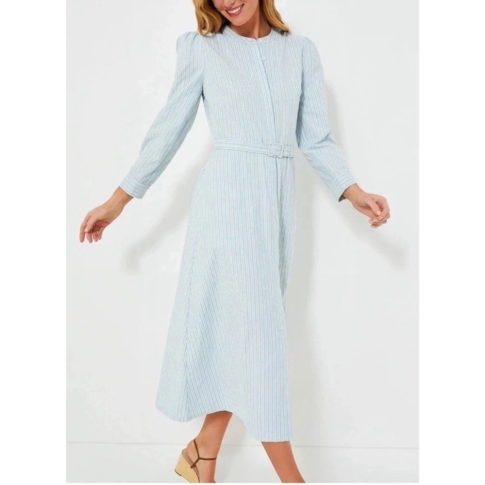 Tuckernuck Sea Stripe Catherine Belted Long Sleeve Maxi Dress in Slate Blue Sz S